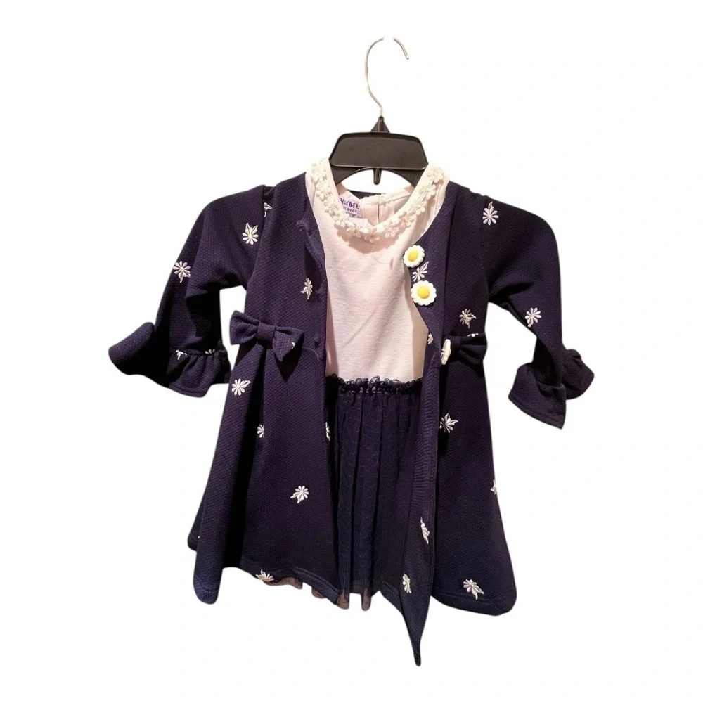 Blueberi Boulevard Girls Navy Coat Dress with White Embroidery Flowers Size 3T